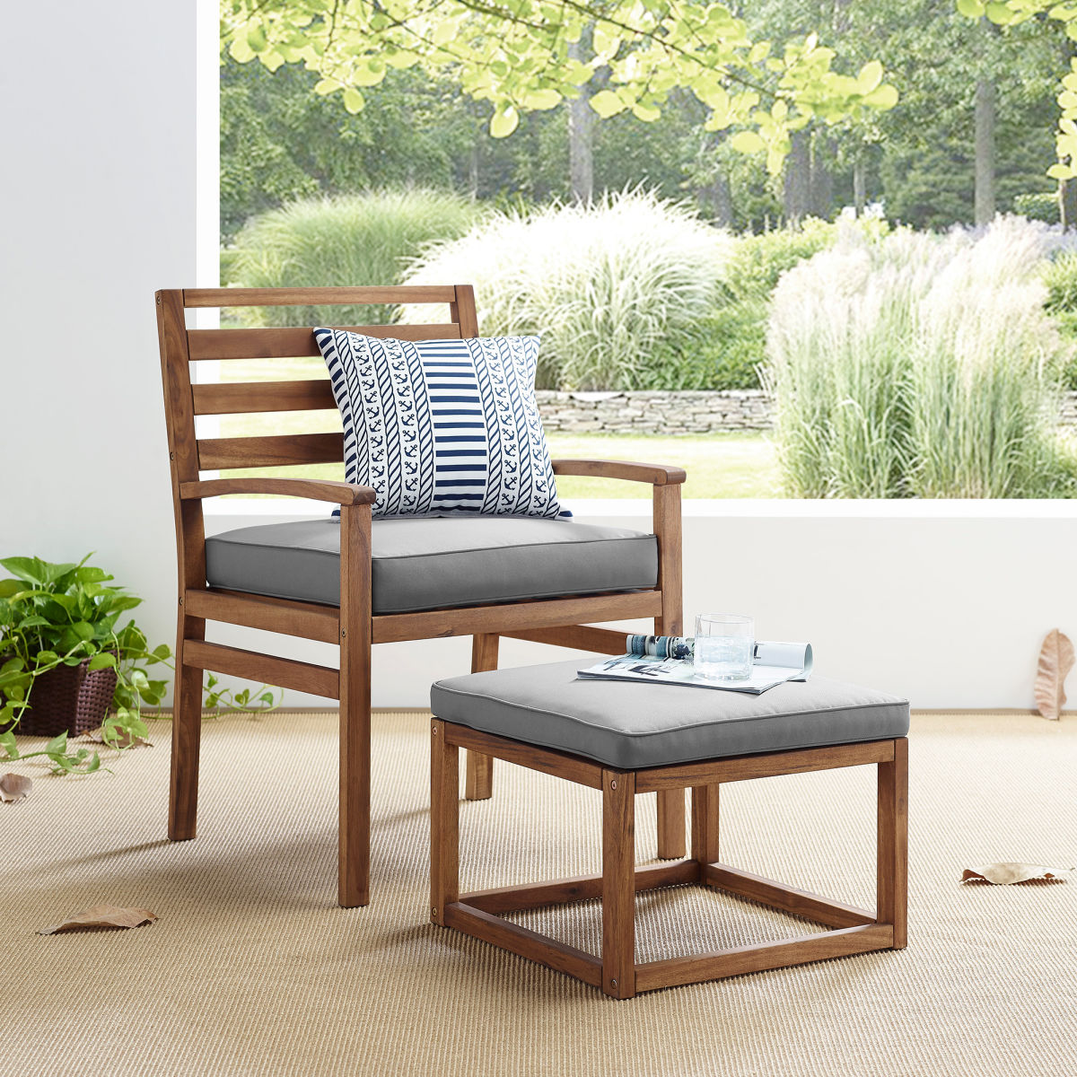 Manor Park Acacia Wood Outdoor Patio Chair & Pull Out Ottoman