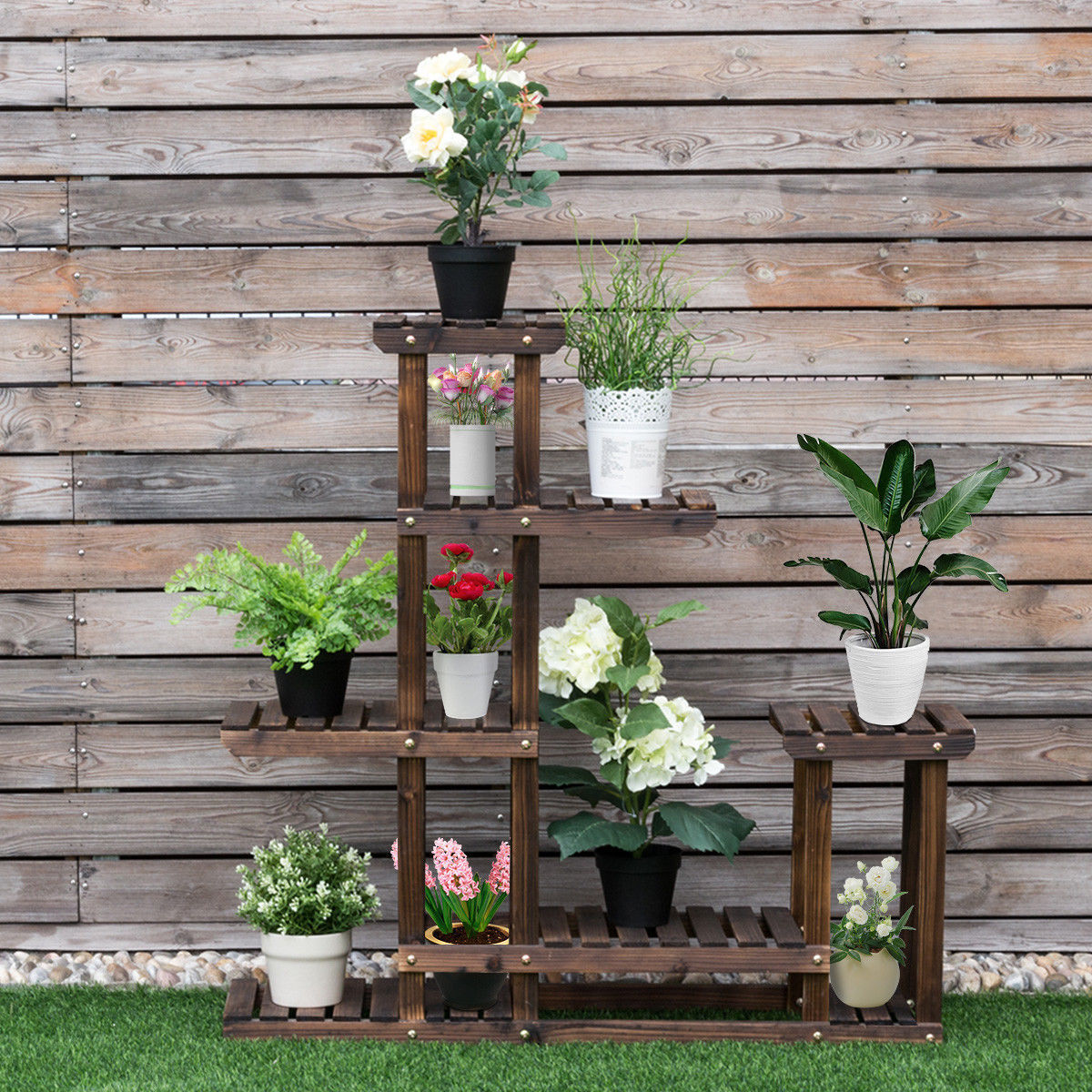 Costway Outdoor Wooden Flower Plant Stand