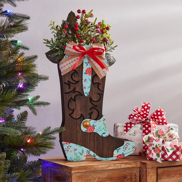 The Pioneer Woman Blue Floral Wooden Tabletop Christmas Decorative Boot