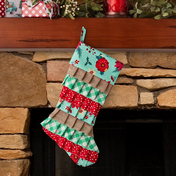 The Pioneer Woman Blue Retro Holiday Floral Ruffle Polyester Christmas Stocking