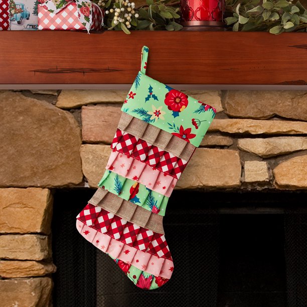 The Pioneer Woman Green Retro Holiday Floral Ruffle Polyester Christmas Stocking