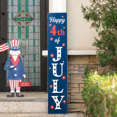 Glitzhome 42.5-Inch Lighted Wood Happy July 4th Porch Sign