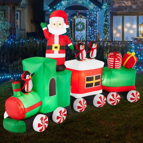 Best Choice Products 8.5 x 5ft Pre-Lit Inflatable Christmas Train & Animated Santa Claus