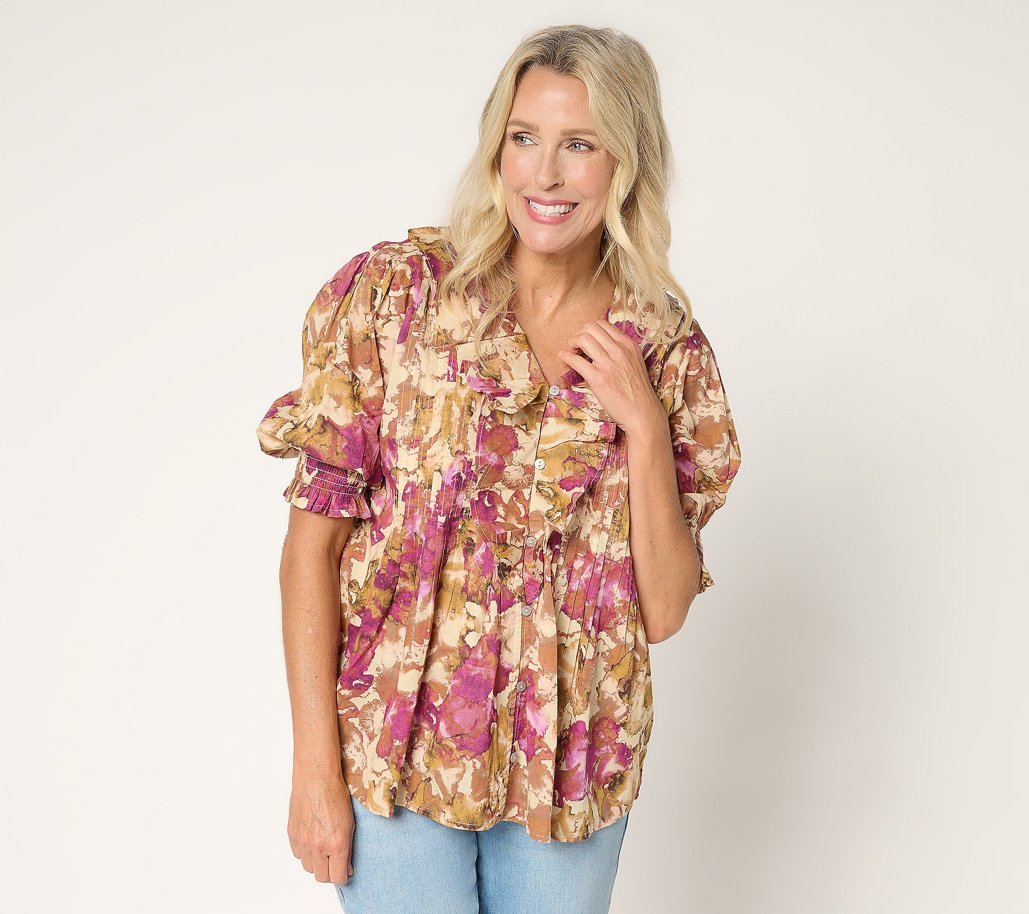 Ree by The Pioneer Woman Printed 100% Cotton Ruffle Front Blouse